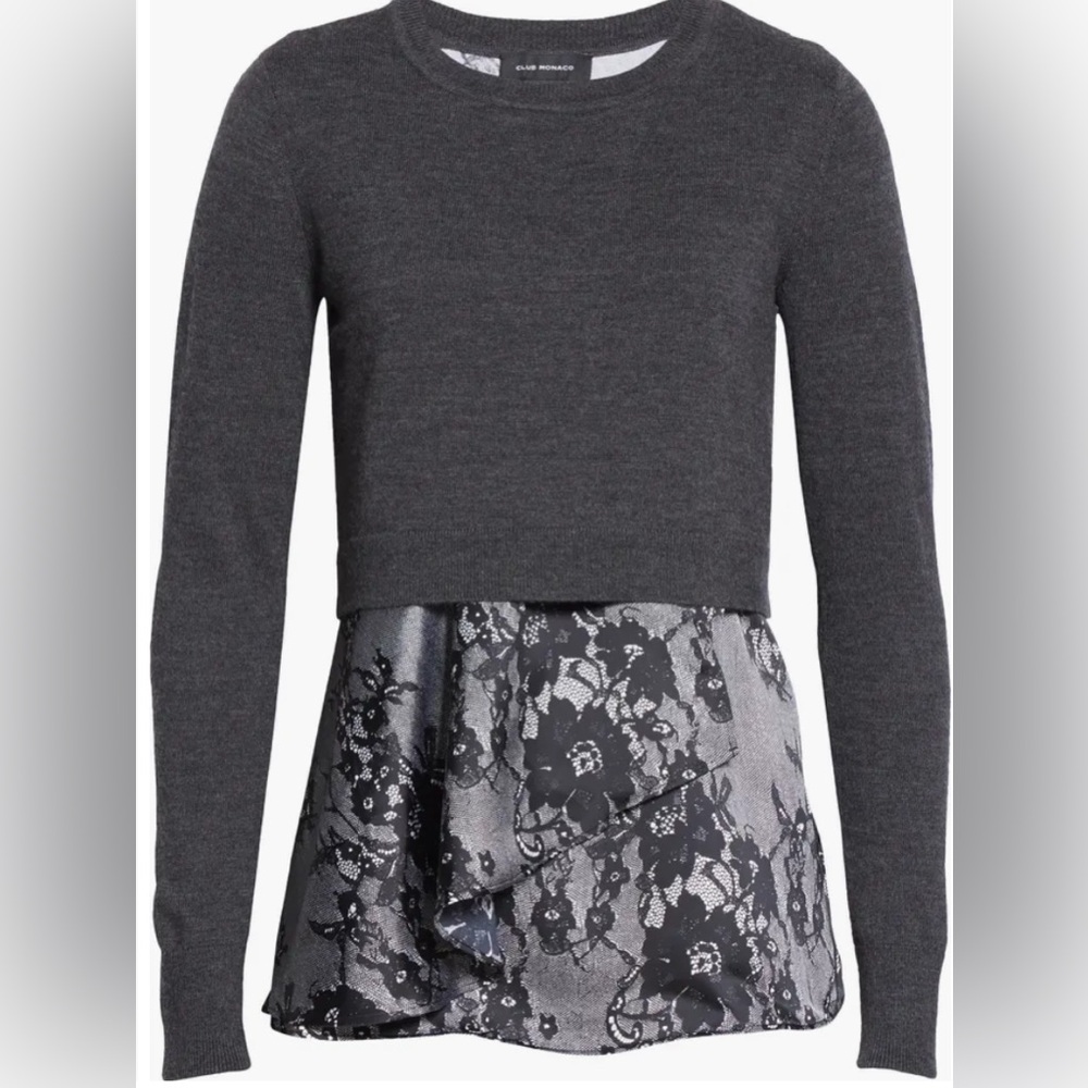 NWT Club Monaco Claribel Layered Look‎ Merino Wool Sweater Size SMALL Gray Black